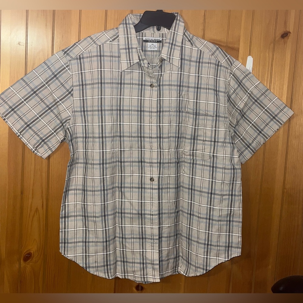 American Weekend Women Size 18 Wide Brown Tan Flannel Plaid Button Up Top Shirt